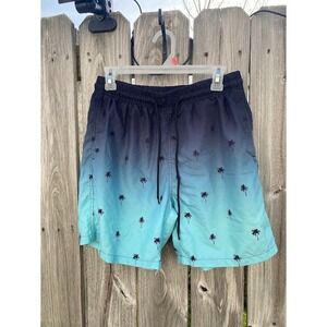 Manfinity Mens Ombre Palm Tree Print Swim Trunks Navy Teal Blue Large